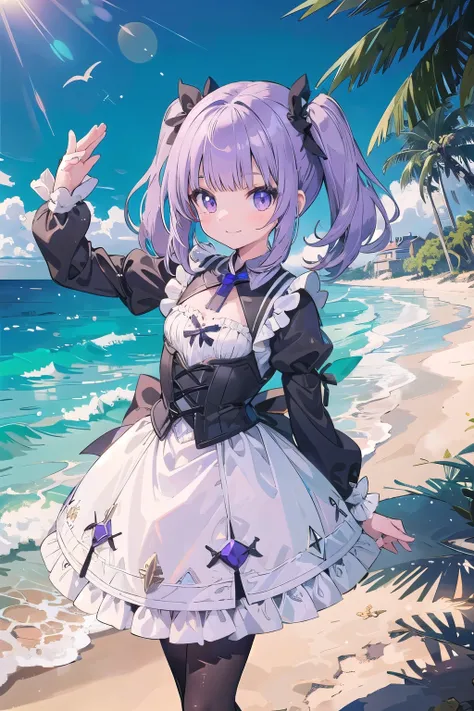 masterpiece, sandy beach, middle ages, sunlight, 1 girl, gray eyes, purple hair, smile＋happy, twintails, short hair,　wizard lolita fashion,blunt bangs, cute eyes, small breasts,　wand, dynamic pose