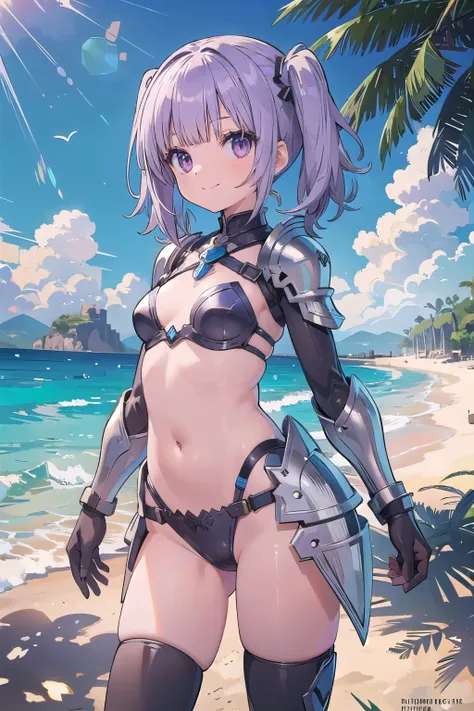 masterpiece, sandy beach, middle ages, sunlight, 1 girl, gray eyes, purple hair, smile＋happy, twintails, short hair,　bikini armor knight, longsword, cute eyes, small breasts,　blunt bangs