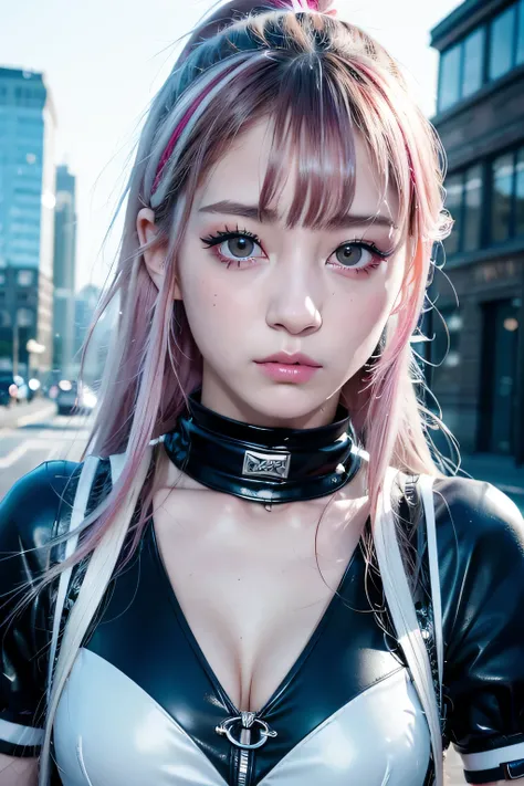 ８ｋ、High resolution、punk fashion、beautiful girl、s render body、young、colorful costumes、white skin,s,narrow eyes、london cityscape,high nose,lighting that illuminates the face、clear image、intellectual beauty、Eyes staring straight ahead、skinny、no makeup,shiny s...