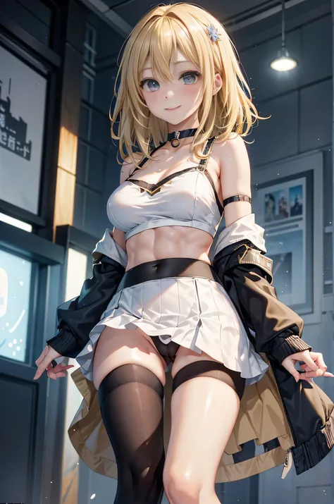 (realism:1.5、highest quality、masterpiece、High resolution、must-have)、snow mountainに立つ1人の23歳の女性、cyber punk、(flare skirt、combat uniform、choker、knee high socks)、fine eyes:1.7、Fineness of the eyes:1.8、beauty of skin:1.8、(looking at the camera:1.2)、(Photo seen f...