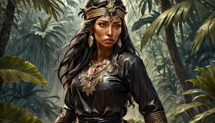 create animated character of mature woman. age 40. long hair. rugged face. wearing black ethnic warrior outfit. intricate details. wearing side at his waist, with malays destar on his head. performing silat martial arts in a tropical jungle background, smo...