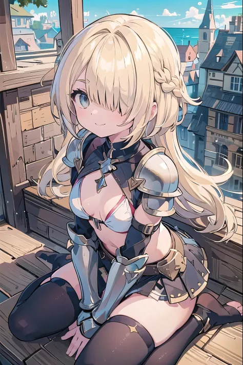 masterpiece, medieval townscape　horizon　Upper body　girl　((((bikini armor))))　skirt　Thighhighs　, sitting　crossed legs,　clear　blonde　((((((hair over one eye)))))), Braid Styles, spiked hair, blunt bangs, bob hair, a braid, Ahoge　red eyes　looking at the viewe...