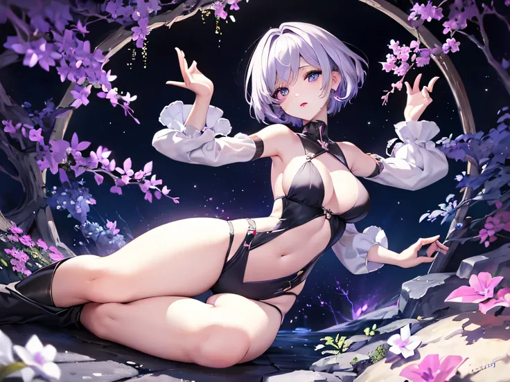 very short haircut, hair covering left side of eyes, cute, , sexy pose, full body, purple violet skimpy mage clothing, big breasts, white violet hair, big hips, white skin
