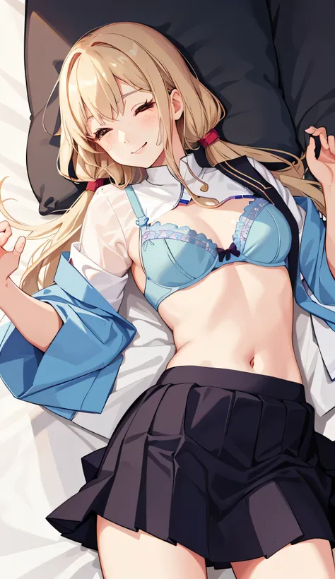 1girl in、A smile、The shirt、skirt by the、（）Chilarism、Japan High School Student Uniform、serafuku、summer clothing、（Sheer Bra）、Upper body portrait、blonde  hair、s asleep、Sleeping in large letters、out stomach