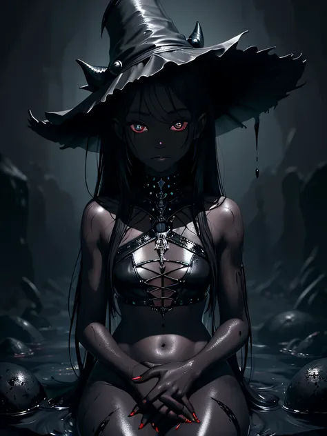 ((dark fantasy art)), beautiful demon girl, glossy black cylinder-hat, ((black skin)), (dark black skin), black skin, ((ash skin)), (black glossy skin), wet skin, (touching glossy belly), ((hands touches smooth belly)), long black hair, long bangs, (short ...