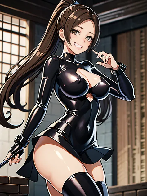 女性1 person、(((black shiny latex bondage suit)))、(((from below:1.3)))、 brown hair, brown eyes, long and high ponytail, hair band,  1 person、25 years old, japanese mature, beautiful fingers, beautiful long legs, beautiful body, beautiful nose, beautiful char...