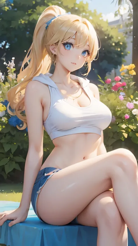 (masterpiece:1.2), (highest quality:1.2),, Curvy but slender body, perfect eyes, perfect face, perfect lighting, 1 girl, in the garden, （aerobics），（feet visible），（hoodie），（shorts），（Tank top），（ponytail），curly hair, Fine clothes, Detailed outdoor background,...