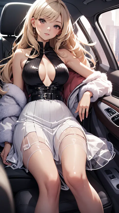 最high quality、best image quality、masterpiece、teenage girl((20-year-old、 By becoming、vest bust、medium bust,wide open breast tea、black eye, blonde hair、long hair、thin,highest valley、white dress、white short skirt,chest、Undressing Pose)),high quality、beautiful...