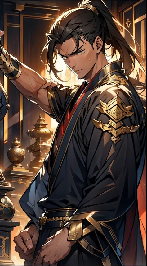 Two dimensions，anime style，one person（male warrior），proportions are correct，facial details，swordsman，high ponytail hairstyle，neck detail，Have an Adam&#39;s apple，Black and gold robe，joke，Black and gold robe，clothing details，Hand over，long sleeves，Game qual...