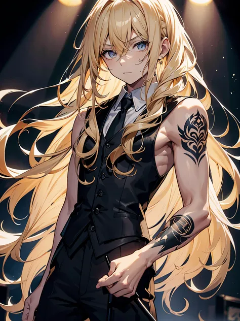 Blonde boy，curls，long hair，The face is covered with exaggerated paint，Neutral in appearance，standing in front of microphone stand，Dimly lit stage。Wear a black vest，There are a lot of tattoos on the arms，gloomy expression，masterpiece，best quality，male