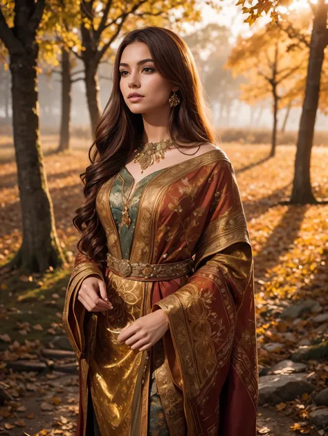 A radiant and enchanting Nordic goddess gracefully standing amidst a vibrant autumn landscape. Her flowing auburn locks cascade down her shoulders, adorned with a crown of golden leaves that mirror the colorful foliage surrounding her. The ground is covere...