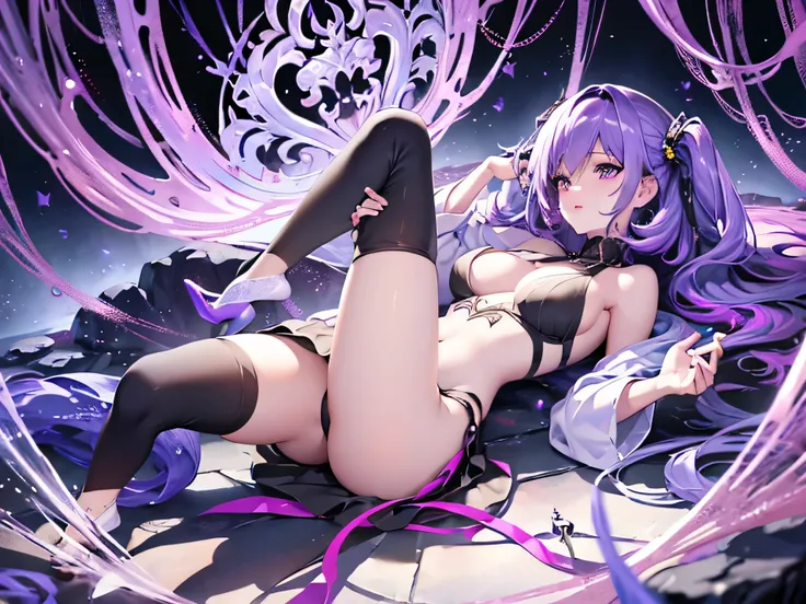 very short one sided hairstyle, hair covering left side of eyes, cute, sexy pose, full body, purple violet skimpy mage clothing, big breasts, white violet hair, big hips, white skin