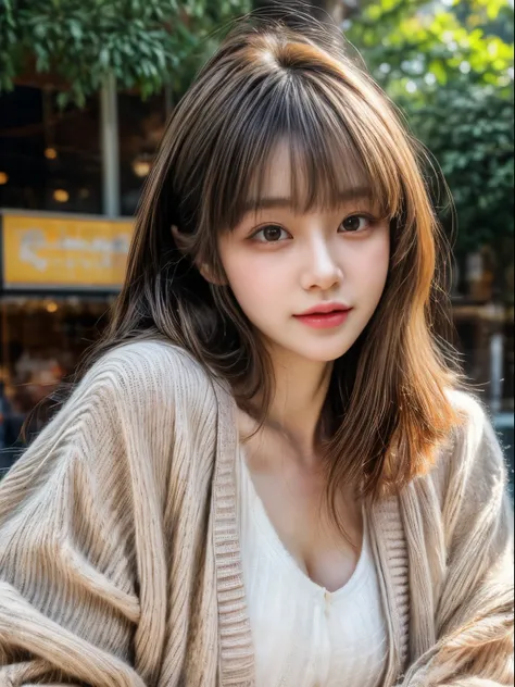 masterpiece、8K、32K、highest quality、(detailed eye)、(cute japanese woman、bangs)、23 years old、1 girl、elegant、(Detailed background depiction、Portrait:1.2)、(Tilden Cardigan:1.3)、Shopping mall、sunlight、daytime、smile、(Chunky lips:1.3)、cowboy shot