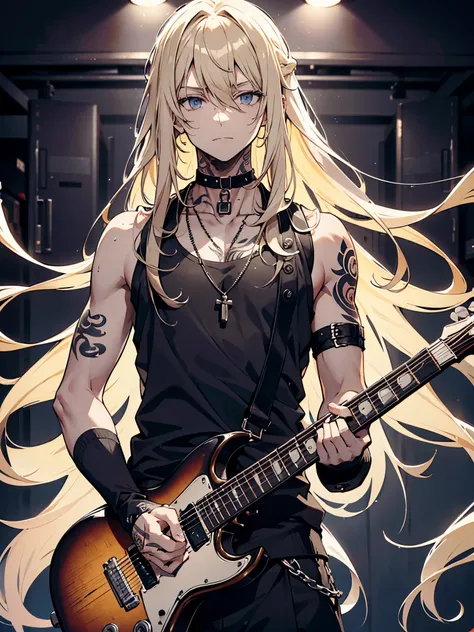 Blonde boy，curls，long hair，Neutral in appearance，Standing in a dark rehearsal room，carrying guitar，Wear a black vest，There are a lot of tattoos on the arms，gloomy expression，masterpiece，best quality，male，gray kilt，rock，Hair a little messy