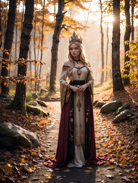 A radiant and enchanting (((Nordic goddess))) gracefully standing amidst a vibrant autumn landscape. Her flowing auburn locks cascade down her shoulders, adorned with a crown of golden leaves that mirror the colorful foliage surrounding her. The ground is ...