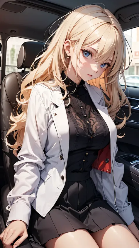 最high quality、best image quality、masterpiece、teenage girl((20-year-old、 By becoming、vest bust、medium bust,wide open breast tea、black eye, blonde hair、long hair、thin,highest valley、white jacket、blue short skirt,chest、take off your clothes、black shirt)),high...