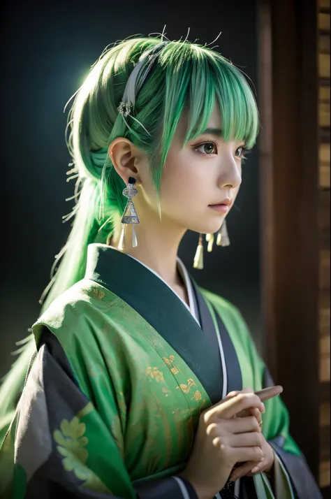 1 girl, Yamato_5000, gray hair, green hair, gradient hair, horn, wano style, ring earrings, ((masterpiece)), ((highest quality)), very detailed, bloom, kimono, Traditional costume, Depth of bounds written, sketch, dark intense shadow, sharp focus, soft lig...