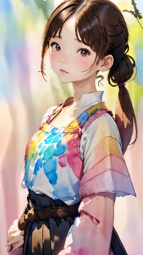 (((bright colored watercolor style background:1.2)))、one girl、１６talent、anatomy、small face、small、small鼻、pale pink eyes、loosely br...