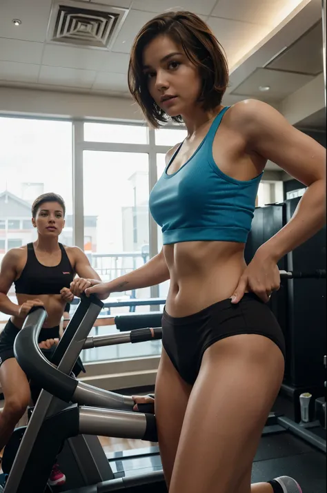 woman with short brown hair works out on a treadmill in a crowded fitness club