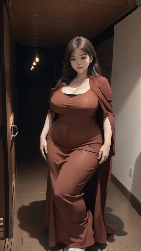 woman in brown&red dress random pose in the dark rooms, wearing brown-red clothes , longest dress outfit, with a long brown-red dress, long dress fashion model, plus size, plus size woman, wearing brown robe, woman in brown burqa clothes , beautiful burqas...