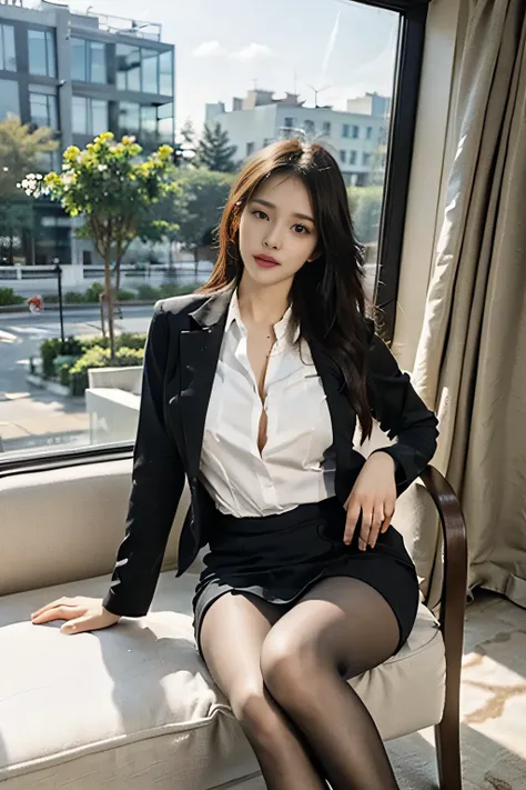 1 girl sitting on an office chair，,(european model:1.3),31 years old,beautifully,business women&#39;clothing,(jacket:1.1),(shirt...