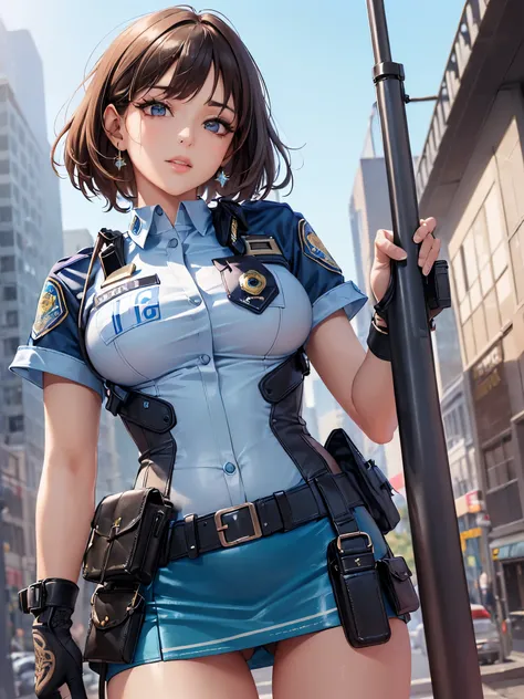 ((highest quality)),(ultra high resolution),(Super detailed),(detailed description),((best CG)),(best work of art),super precision art,great drawing art,(Art with precise details:1.5), (1 female police officer:1.8),(beautiful and well-shaped face:1.5),(Str...