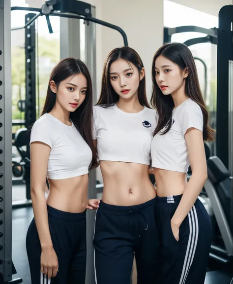 3 girls in fitness center, navy blue short-sleeved shirt,navy long trackpant,sweatpants, sweatpantsขายาว,25 year old girl, lesbi...