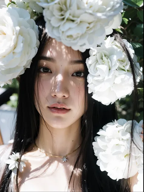 there is a woman with a flower crown on her head, with flowers, flowers in her dark hair, wenfei ye, with frozen flowers around her, woman in flowers, flower goddess, girl in flowers, flower storm portrait, with bloom ethereal effects, a young asian woman,...