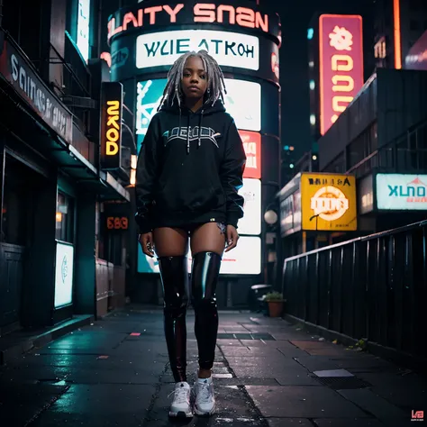 Black woman, hoody, full body, dreadlocks, white hair, latex, neon lights, cyberpunk city, hyper realistic, 