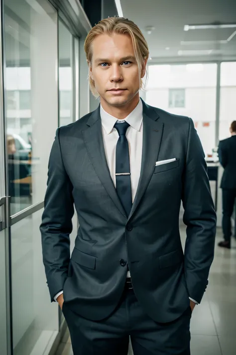 Scandinavian man, 45 years. blonde. full face. Looking at the camera. Business suit. interested. seriousness. friendly. Vigorous.