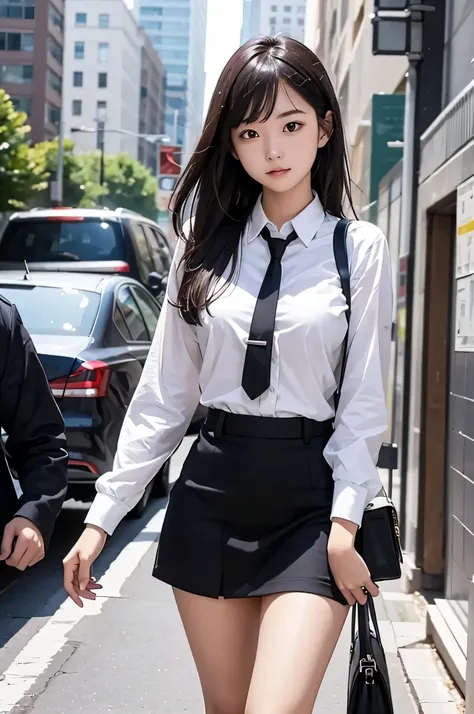 20 year old female college student in a suit and super miniskirt.