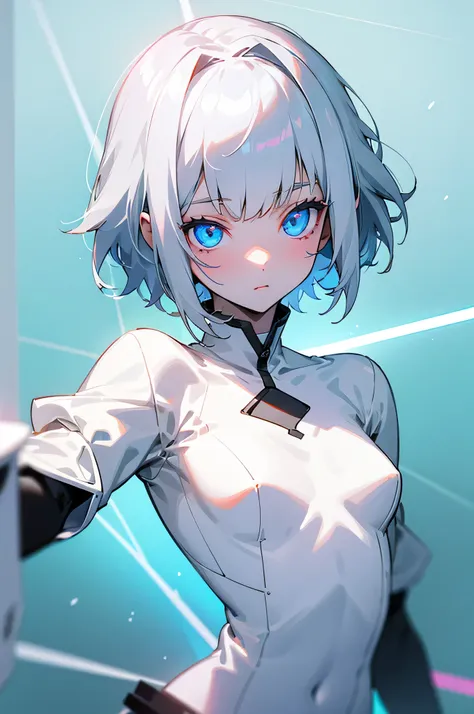 girl、1 person、short hair、gray hair、looking at the camera、pure white skin、pure white clothes、Princess、Fluffy clothes、The body is frontal、Upper body、Neon feeling、neon laser