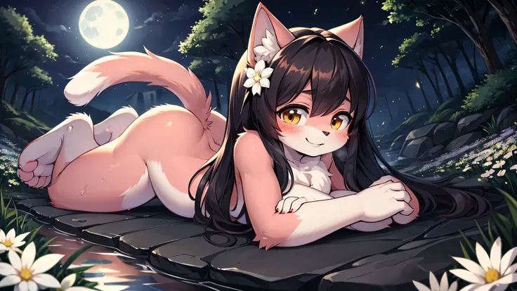 cat girl,black long hair,wavy hair,pink fur,ultra detailed fur,moonlight,night,light and shadow,outdoor,onsen,white flower field,a lot of fireflies,a lot of water steam,prone pose,smile,full face blush