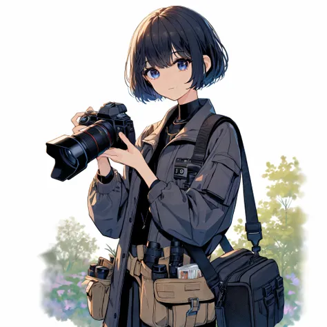 1 girl, young, human, slim body shape, have a camera, professional photographer, Wearing a practical jacket with multiple pockets, dark color, camera strap around neck, waist equipment bag, BREAK bob cut, short hair, Hair covering the right eye, dark blue ...