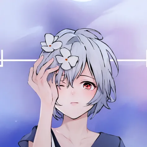 Anime character with a flower in his hair, Kaoru Nagisa, wave, gapmoe sick, rogue anime girl wave rei, rei wave, 2Danime style, Sayori, sick. High, anime style, silver hair, anime style, anime style, sick, blizzard, silver hair少女