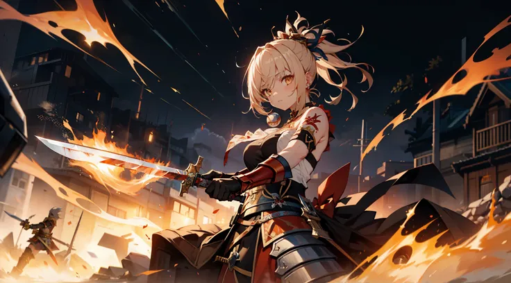 1 girl, figure, yoimiya, knife, sword, warrior, armor, blood, battlescars, god, force, fire, combustion, boss fights, dark, bad,...