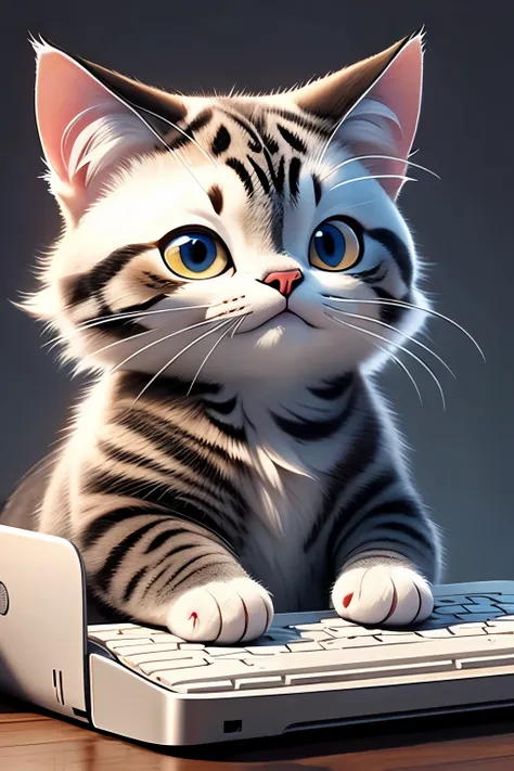 a beautiful cat who is absorbed in a computer