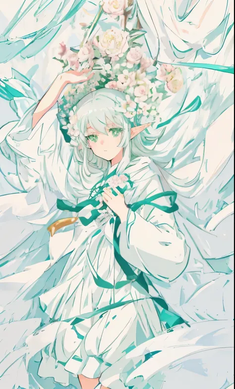 Silver hair lying on the bed，Anime girl in white dress, elf girl, soft anime illustration, She has elf ears and green eyes, Ethereal animation, Clean and detailed anime art, by Shitao, Anime visual of a cute girl, elf girl wearing an flower suit, beautiful...