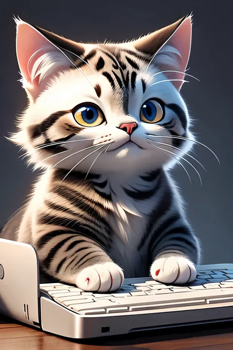 beautiful cat absorbed in computer