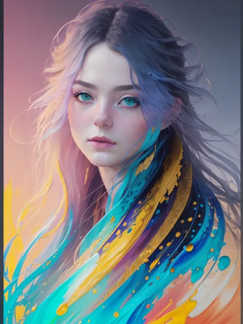 Colorful beautiful girl: a giru 28-years old, messy hair, oil painting, nice perfect face with soft skinice perfect face, blue yellow colors, light purple and violet additions, light red additions, intricate detail, splash screen, 8k resolution, masterpiec...