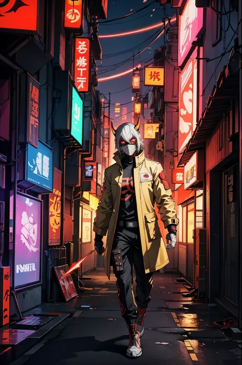 (a Urban Japanese Warrior Fighter Wearing a Demon Mask:1.35),full body,(Armed, Gangster, Yakuza),facing front,(Gold, White, Neon, Cyberpunk Military Cloth:1.5),(Cyberpunk Tokyo City Background:1.2),vivid colors,vibrant neon lights,strong shadows,sharp focu...