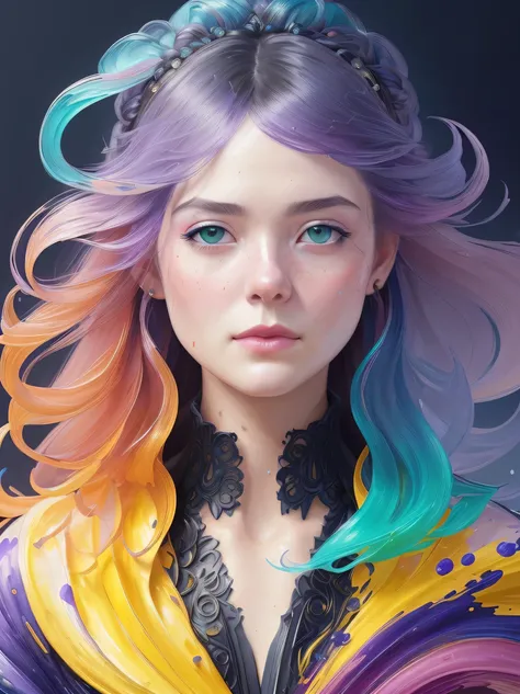 Colorful beautiful girl: a giru 28-years old, messy hair, oil painting, nice perfect face with soft skinice perfect face, blue yellow colors, light purple and violet additions, light red additions, intricate detail, splash screen, 8k resolution, masterpiec...