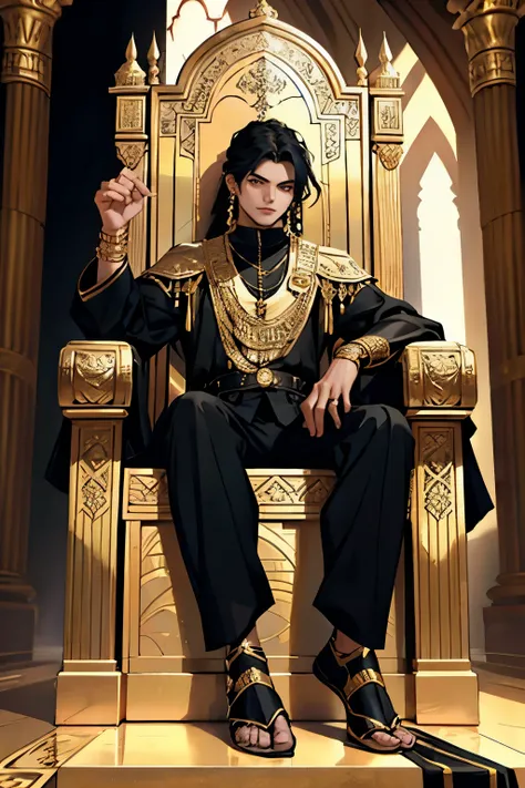 There is an Arab king dressed in black and gold with golden jewelry. He is 19 years old. He is sitting on a high throne in the room of his castle in the style of an ancient Babylonian and Sumerian palace. 