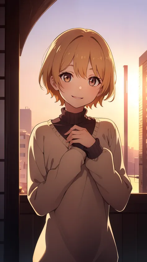 Golden hour lighting, Sweater dress, (Upper body), (idol), (Charming: 1), (platinum short hair: 0.8), ((Puffy eyes)), looking at viewert, Facing forward, Smiling, Laughing,Middle chest, shirts lift, Short hair,