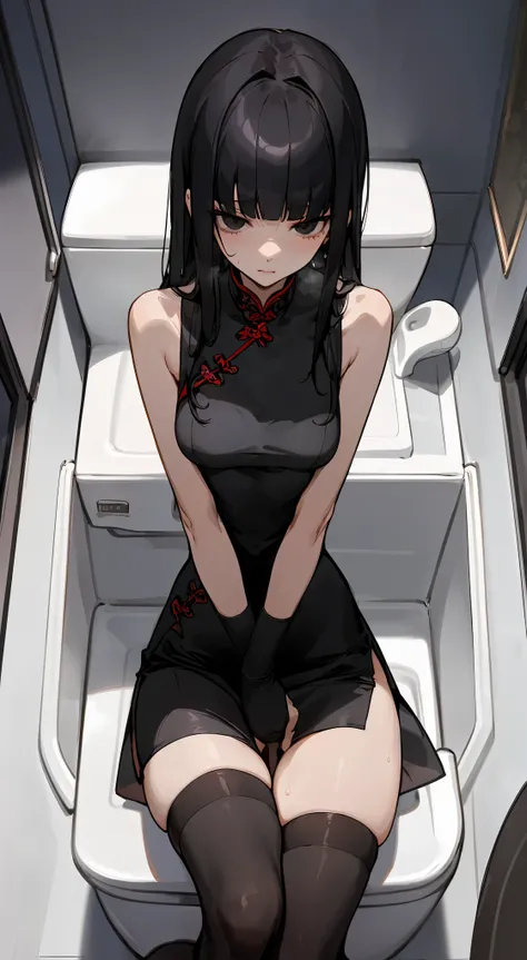 nsfw,1woman solo,20 year old beauty、black hair,long  hair,blunt  bangs,black eyes,shy look、slender body, ideal ratio body proportions,medium breasts,Perfect Anatomy,sitting,((spread legs :1.3,vagina,peeing))、damp crotch、arms up,sweat,black cheongsam dress、...