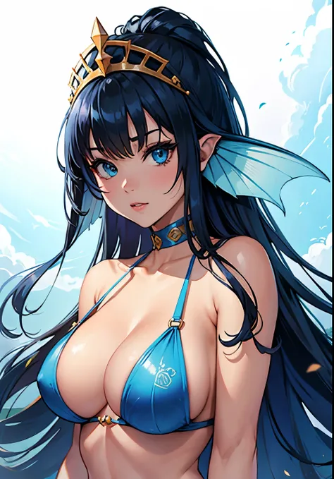 8K,high quality,anime,married woman,beautiful,clean,bright,highlights in eyes,sexy,super big tits,oversized ,erotic,nude,beautiful line drawing. Blue skin, blue and orange gradient ear fins, black hair color, high quality, in bath towel,