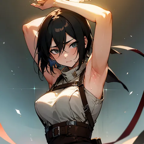 Mikasa,Shingeki no kyoujin,armpit sniffing,raise hand,Best quality,armpit sweaty