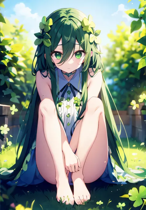 Green girl with long hair，Oversized four-leaf clover headskirt，skirt，barefoot，green eyes，melancholy expression