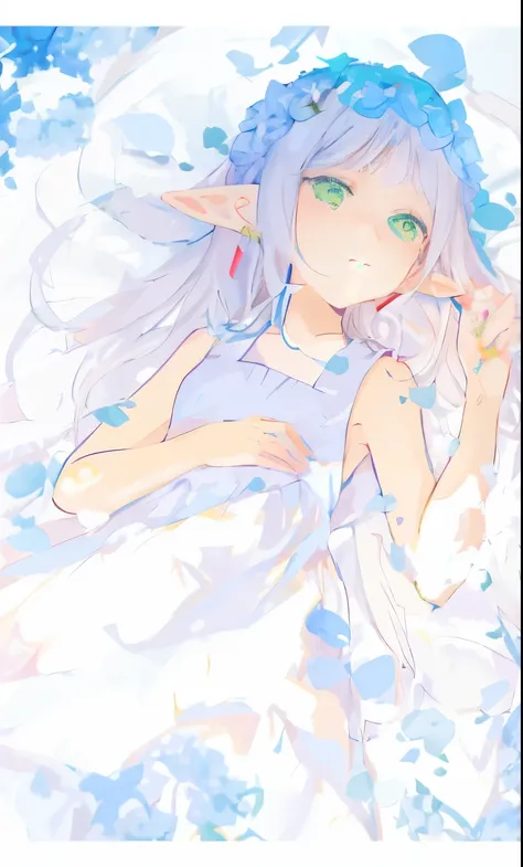 Silver hair lying on the bed，Anime girl in white dress, elf girl, soft anime illustration, She has elf ears and green eyes, Ethereal animation, Clean and detailed anime art, by Shitao, Anime visual of a cute girl, elf girl wearing an flower suit, beautiful...