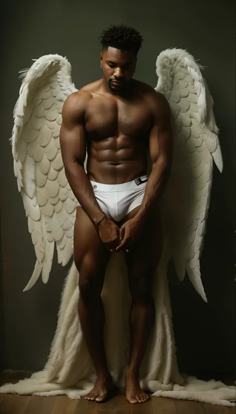 arafed man in a white bikini sitting on a wooden floor, full - body majestic angel, winged human, winged boy, big angel wings wide open, full body made of white feathers, massive angel wings, big angel wings on back, man is with black skin, strong and impo...